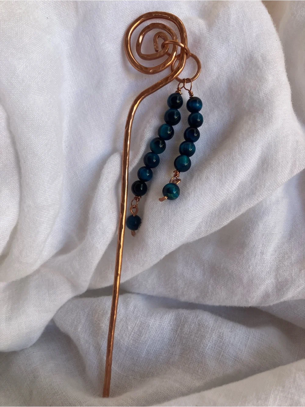 Handcrafted Hammered Copper Hair Pin with Blue Bead Dangles